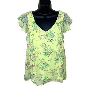 Yellow Floral Blouse V Neck Ruffle Sleeve Lined Large Cottagecore